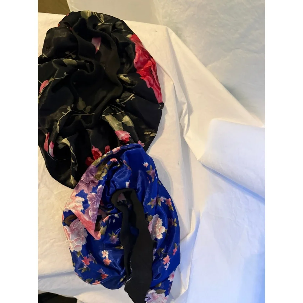 Set of 2 Floral Satin Hair Bonnets Black Red Rose‎ and Blue Blossom Sleep Cap